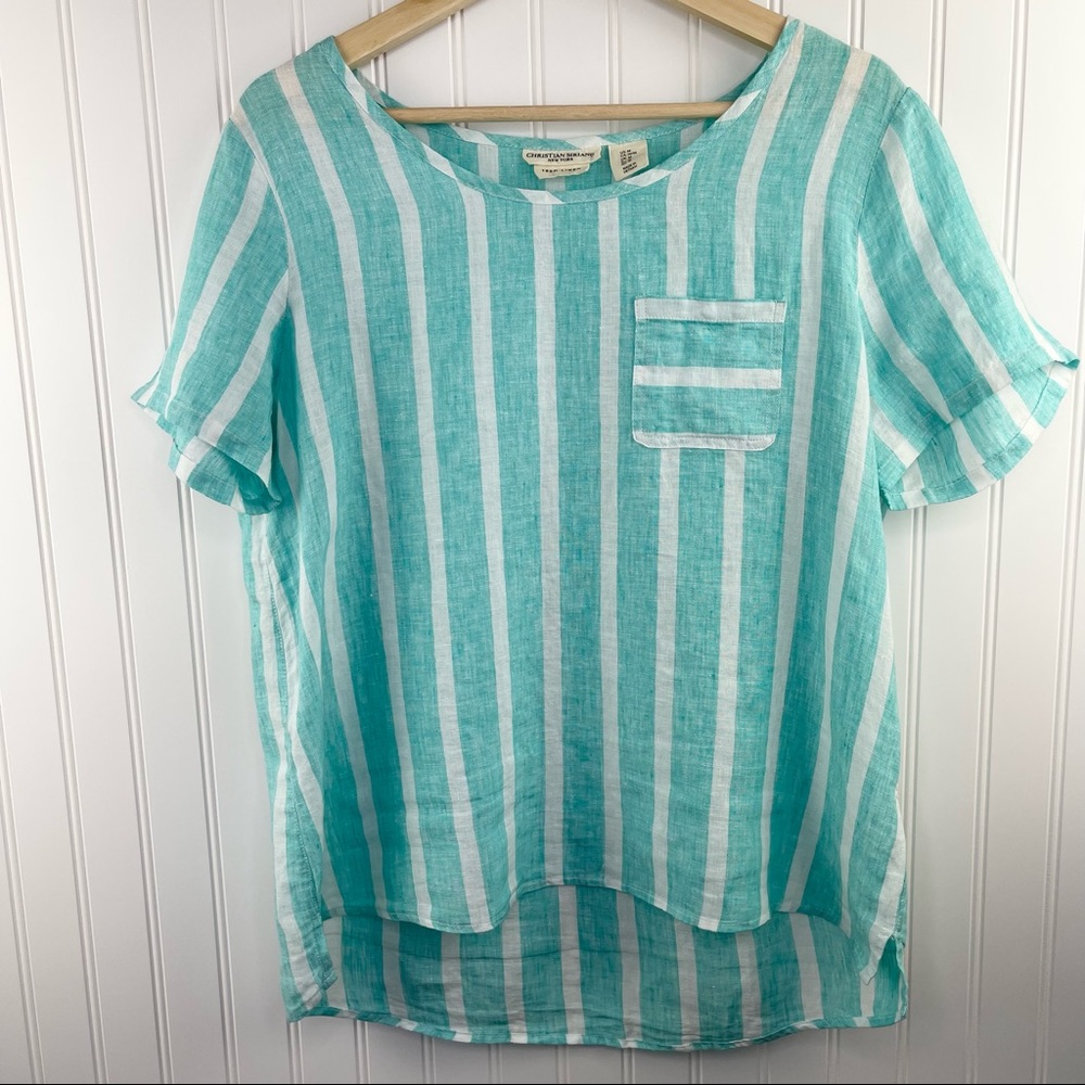 Christian Siriano New York Linen Teal Striped Top Size Medium